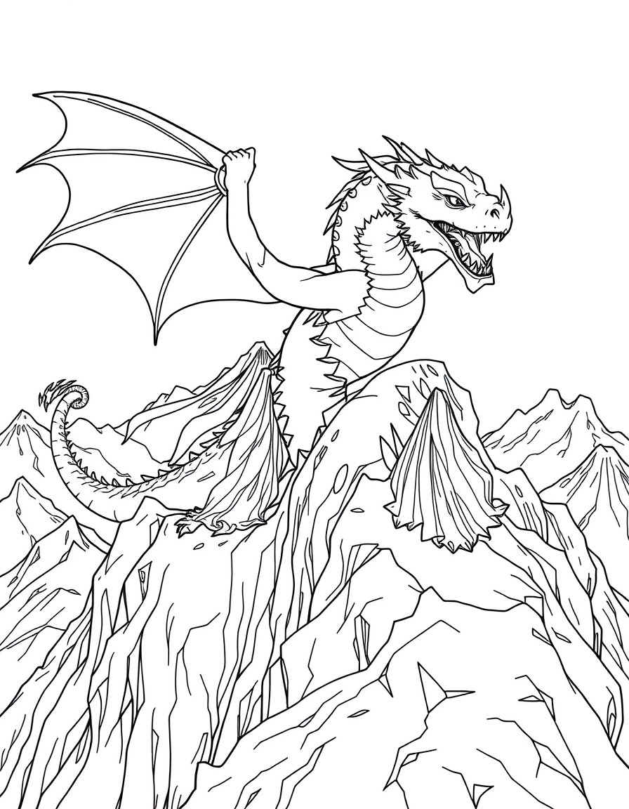 A princess fighting a dragon on a mountain