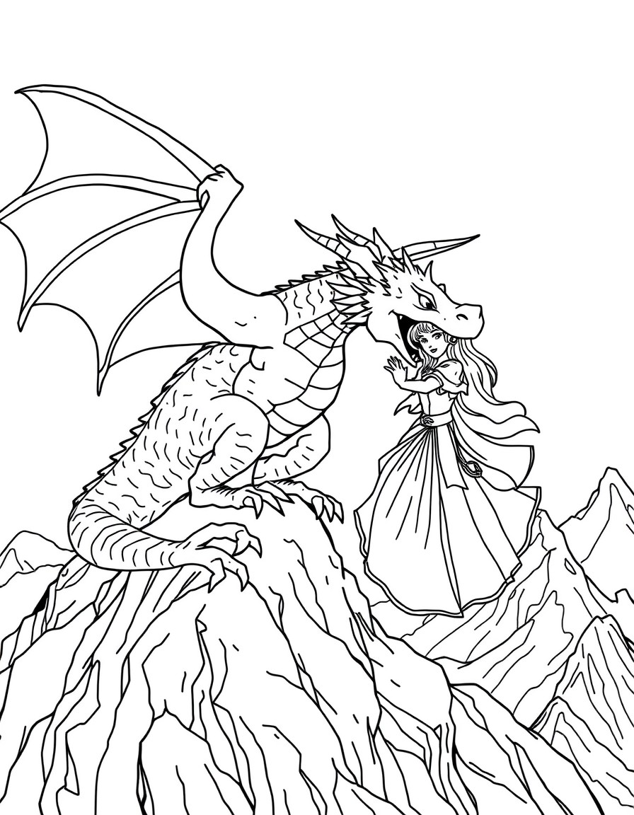 A princess fighting a dragon on a mountain