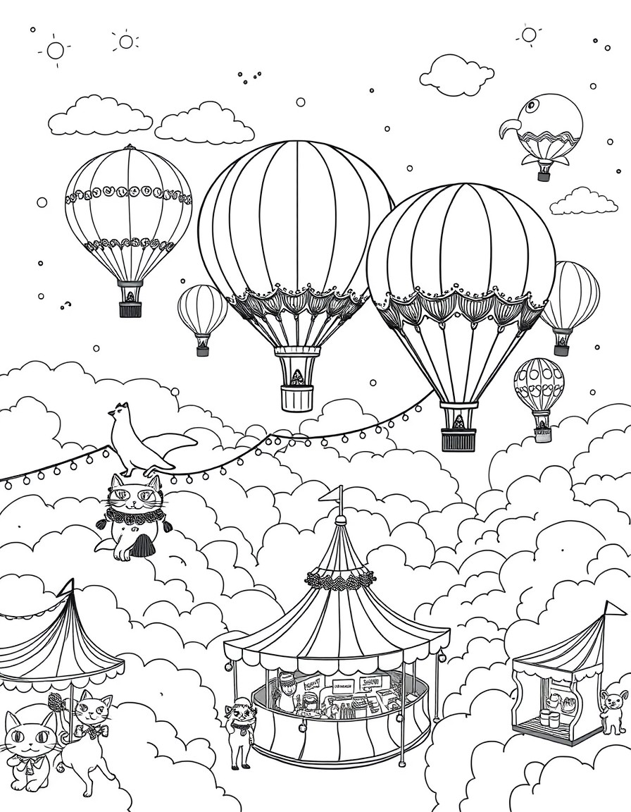 Fantasy Carnival in the Sky "A floating carnival high above the clouds, with hot air balloons shaped like animals, sky-tightropes walked by juggling cats, and floating food stalls. Include whimsical r