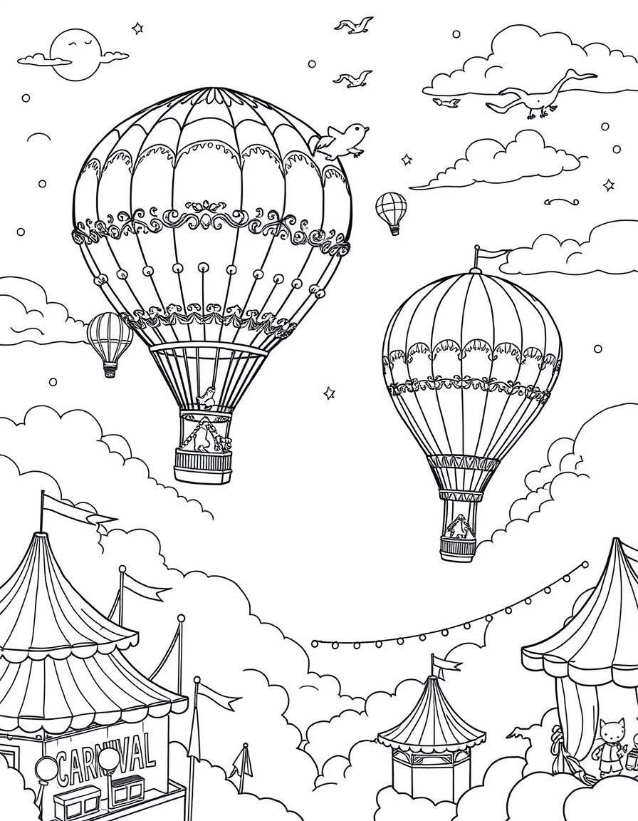 Fantasy Carnival in the Sky "A floating carnival high above the clouds, with hot air balloons shaped like animals, sky-tightropes walked by juggling cats, and floating food stalls. Include whimsical r