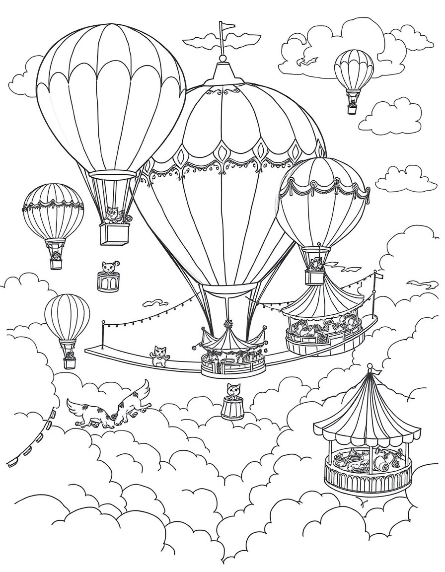 Fantasy Carnival in the Sky "A floating carnival high above the clouds, with hot air balloons shaped like animals, sky-tightropes walked by juggling cats, and floating food stalls. Include whimsical r