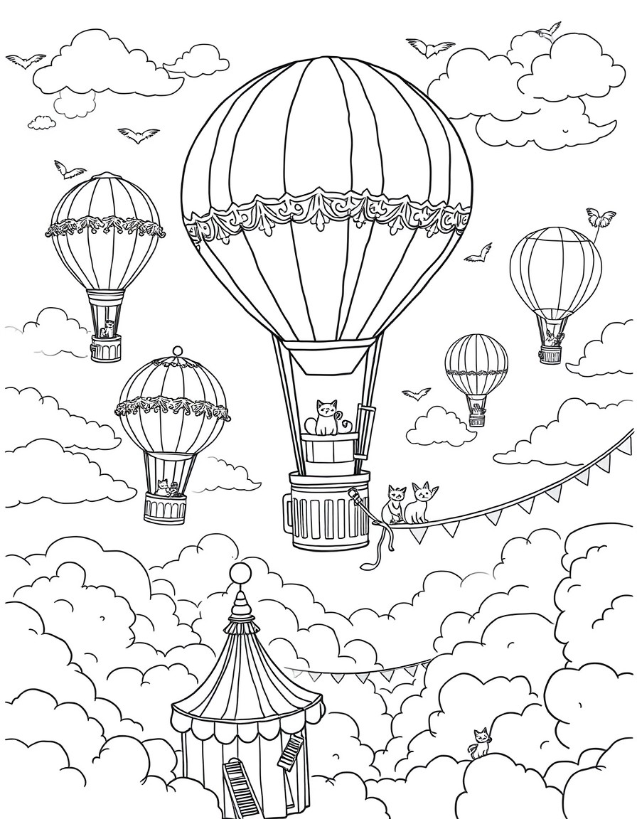 Fantasy Carnival in the Sky "A floating carnival high above the clouds, with hot air balloons shaped like animals, sky-tightropes walked by juggling cats, and floating food stalls. Include whimsical r