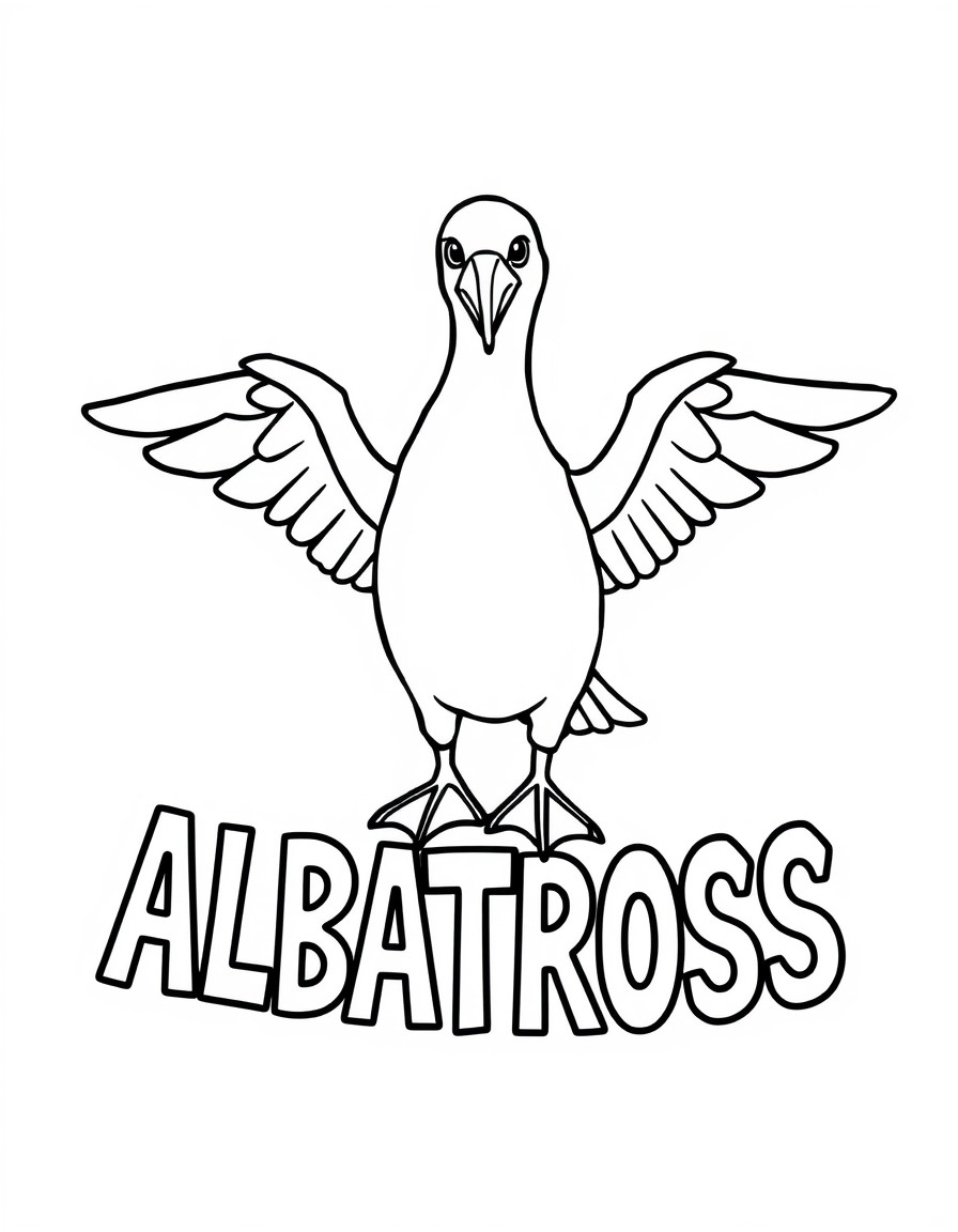 a cute albatross with wings outstretched standing on the outline of the word "ALBATROSS"