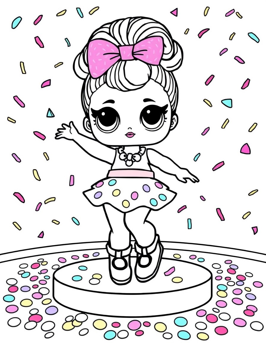 LOL Surprise doll dancing on a bright candy stage with colorful confetti falling around her
