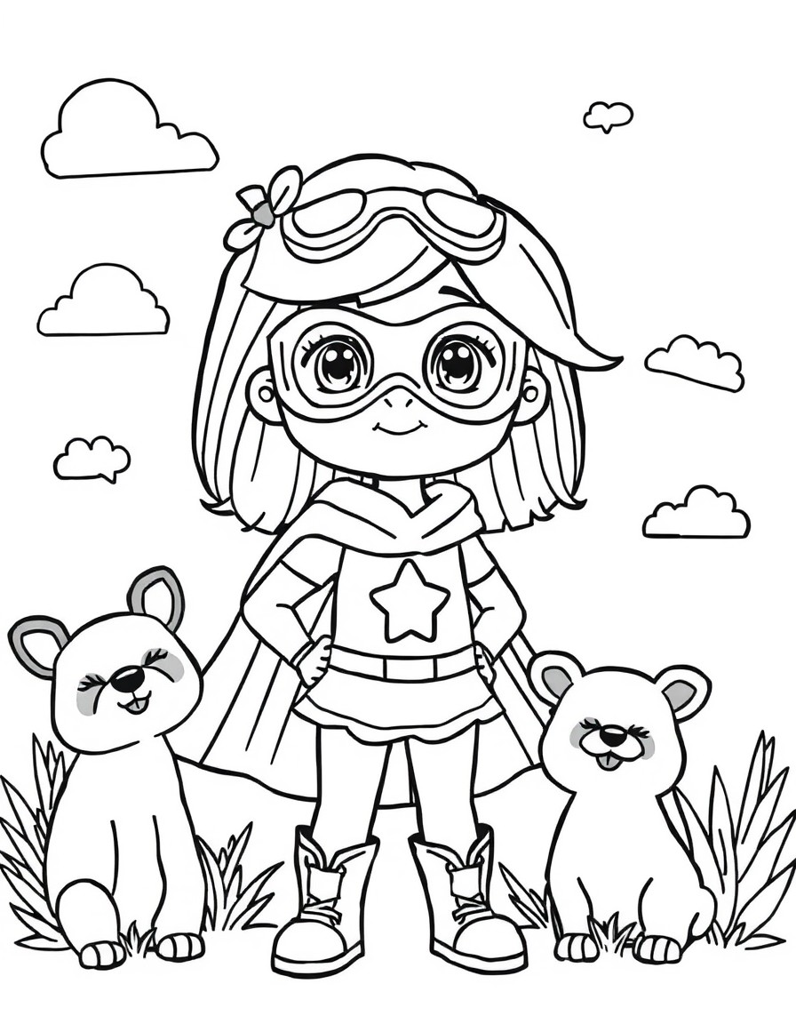 Coloring book for a girl age 4. Girl is a superhero and she loves to help animals.