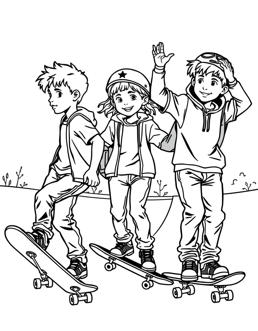 Three kids skateboarding together at a skatepark