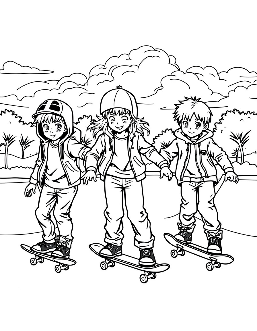 Three kids skateboarding together at a skatepark