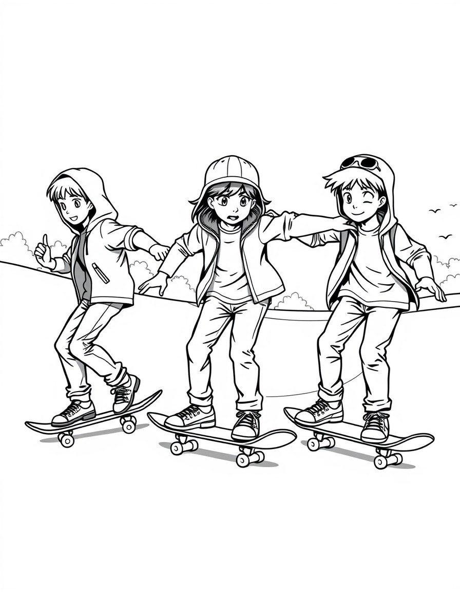Three kids skateboarding together at a skatepark