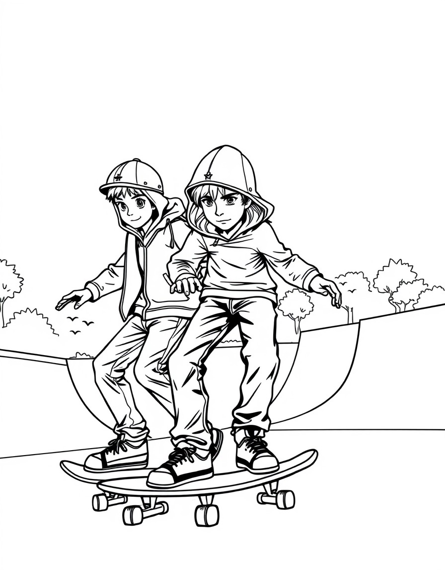 Three kids skateboarding together at a skatepark