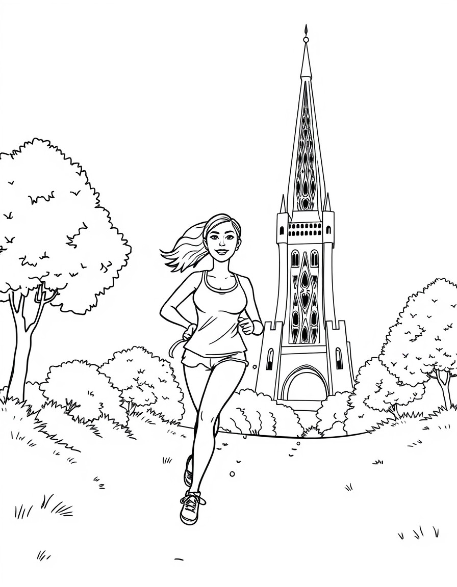 Haz una imagen de una mujer corriendo por la torre eifel