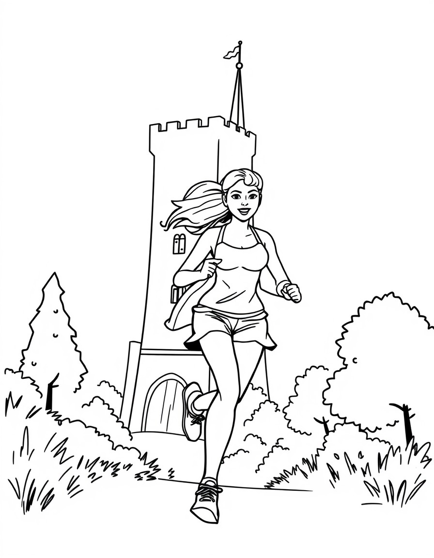 Haz una imagen de una mujer corriendo por la torre eifel