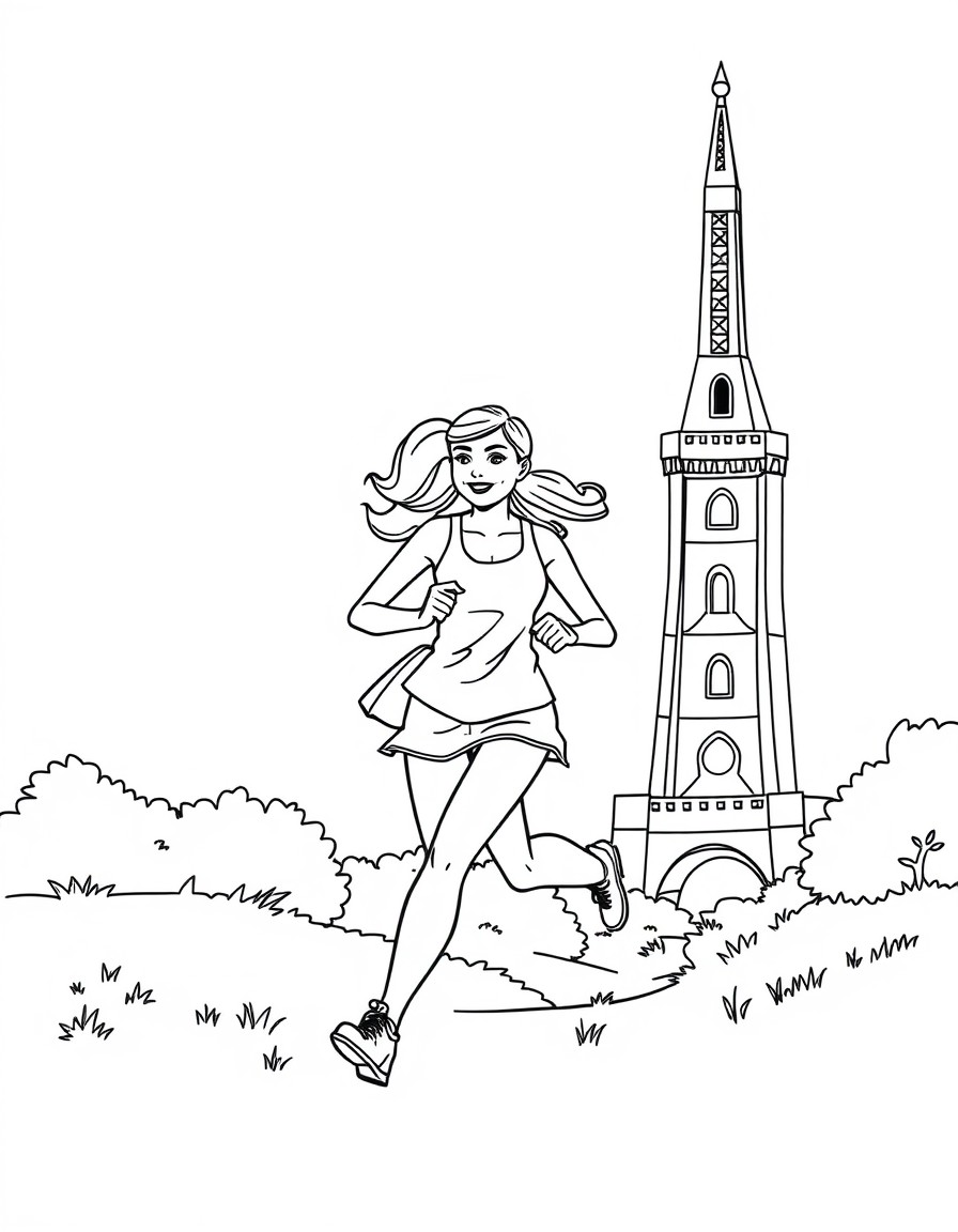 Haz una imagen de una mujer corriendo por la torre eifel