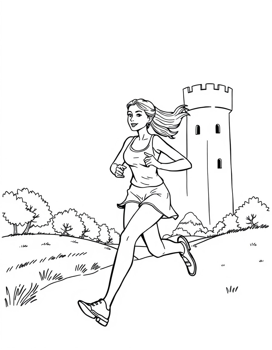 Haz una imagen de una mujer corriendo por la torre eifel