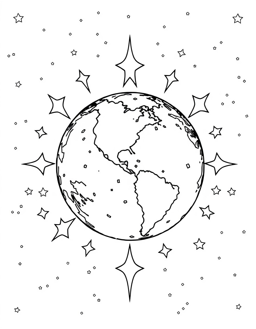 Black and White Coloring page of the Earth surrounded by stars