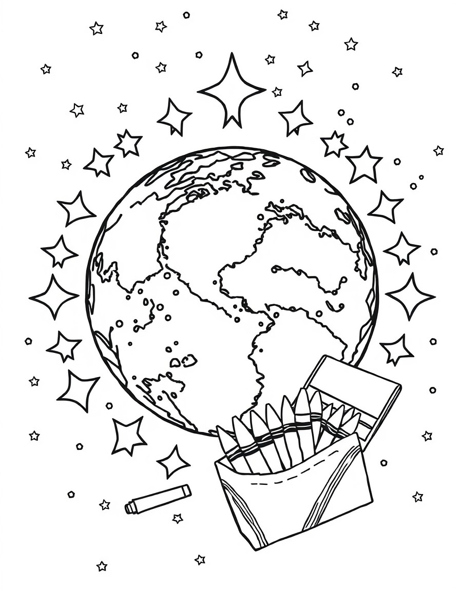 Intricate Coloring page of the Earth surrounded by stars and a box of crayons
