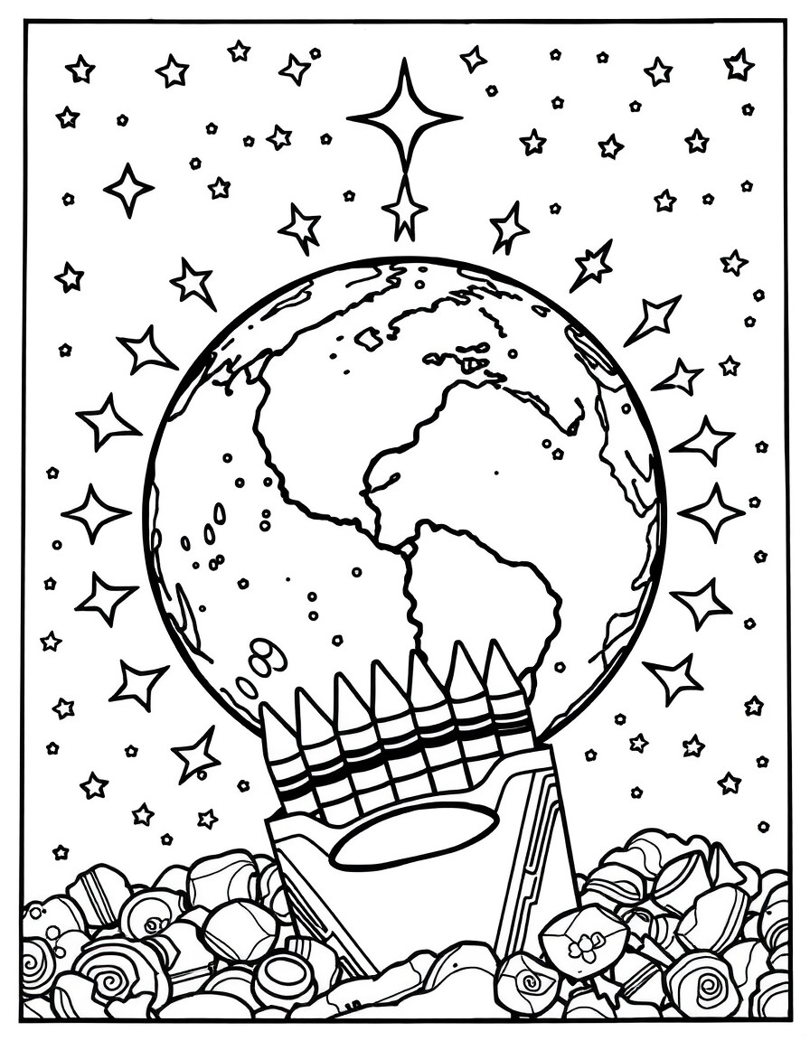 Intricate Coloring page of the Earth surrounded by stars and a box of crayons