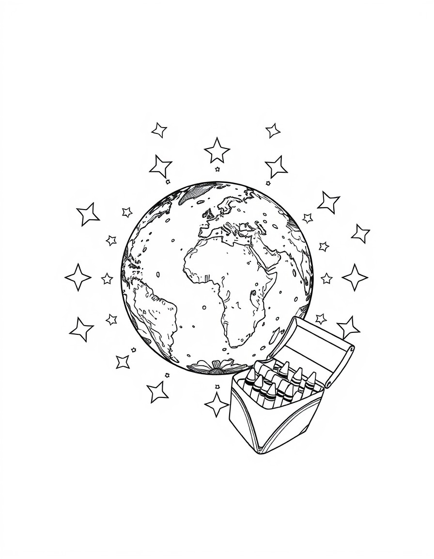 Intricate Coloring page of the Earth surrounded by stars and a box of crayons