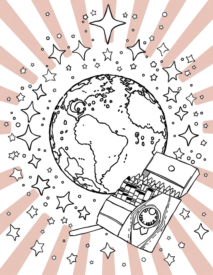 Intricate Coloring page of the Earth surrounded by stars and a box of crayons