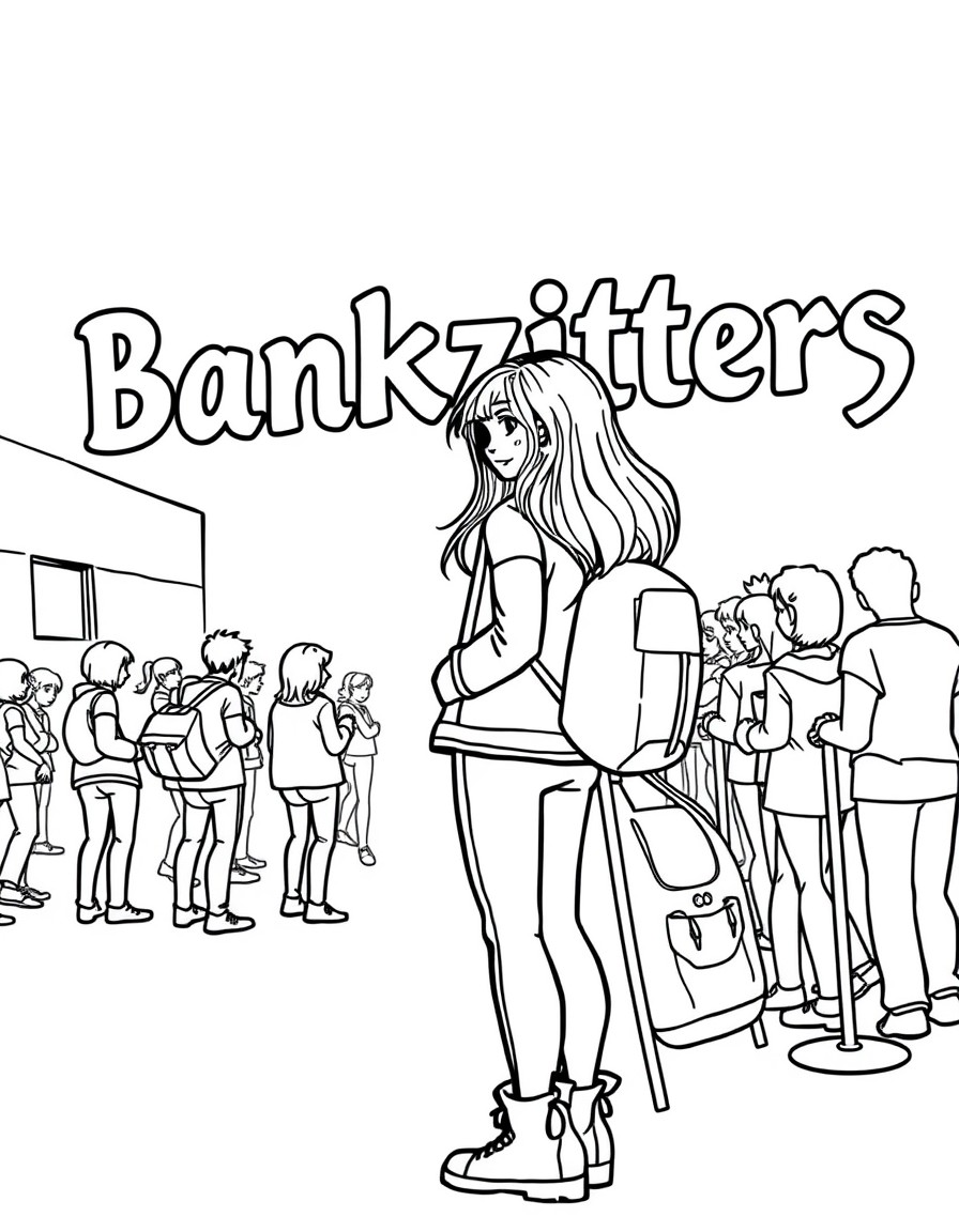 a girl who is standing outside in line very early in the morning to be at the front of the concert of her favorite band. the band name bankzitters can be seen in the background