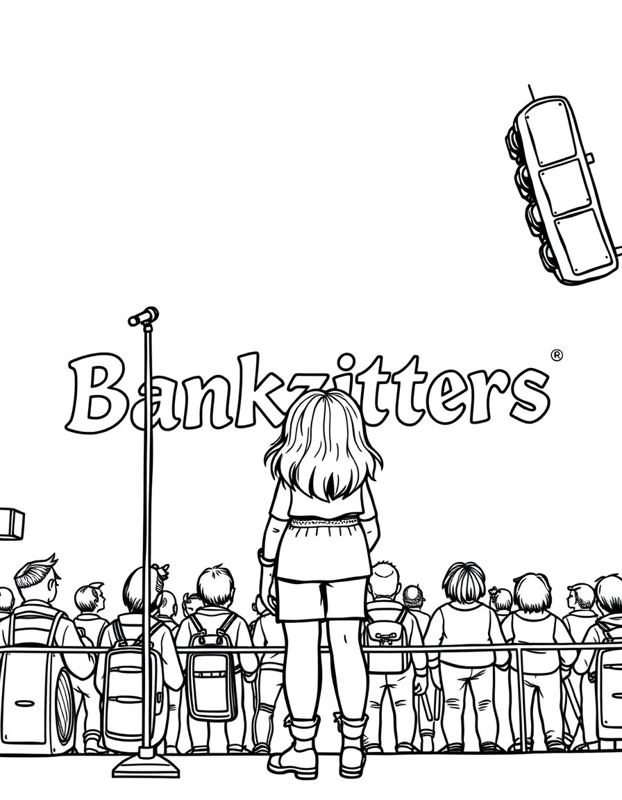 a girl who is standing outside in line very early in the morning to be at the front of the concert of her favorite band. the band name bankzitters can be seen in the background