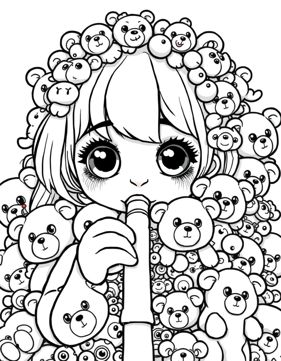 a girl completely covered in super cute cuddly toys with big beady eyes and lots of flute