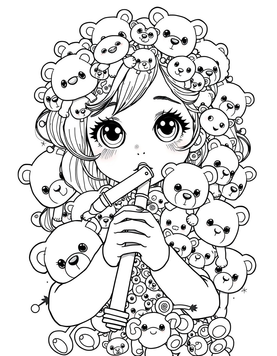 a girl completely covered in super cute cuddly toys with big beady eyes and lots of flute