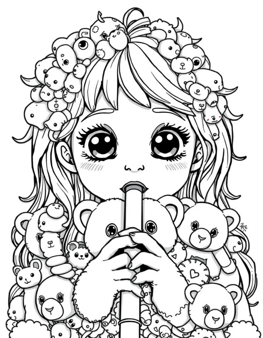 a girl completely covered in super cute cuddly toys with big beady eyes and lots of flute