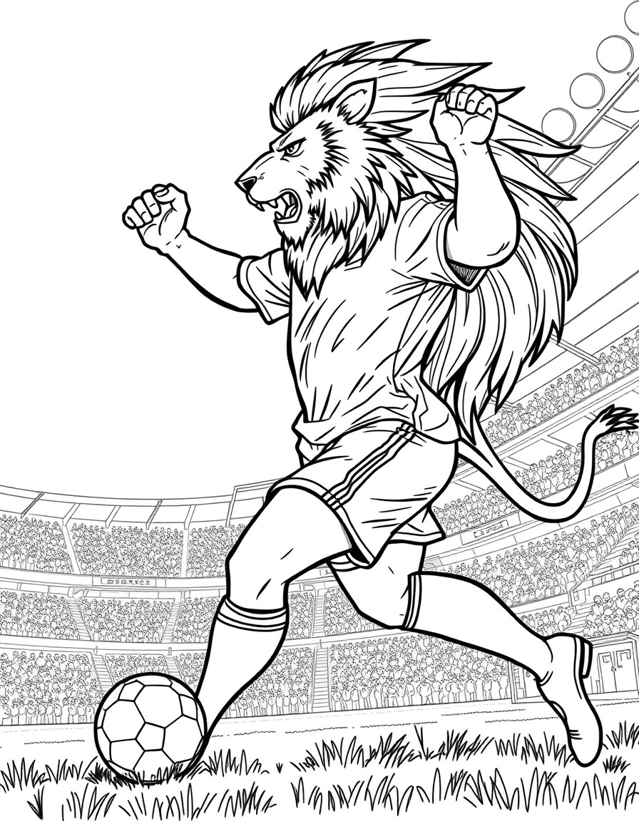 a professional male soccer player, with the head of a lion, scoring a goal in front of a huge stadium of fans