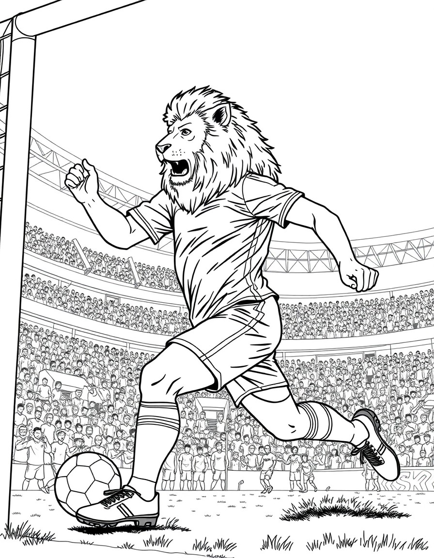 a professional male soccer player, with the head of a lion, scoring a goal in front of a huge stadium of fans