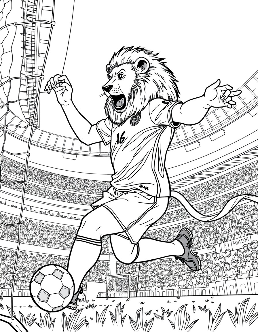 a professional male soccer player, with the head of a lion, scoring a goal in front of a huge stadium of fans