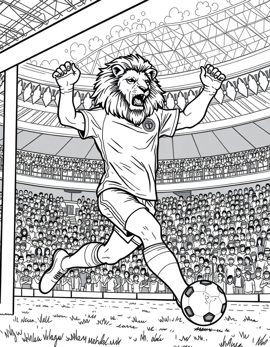 a professional male soccer player, with the head of a lion, scoring a goal in front of a huge stadium of fans