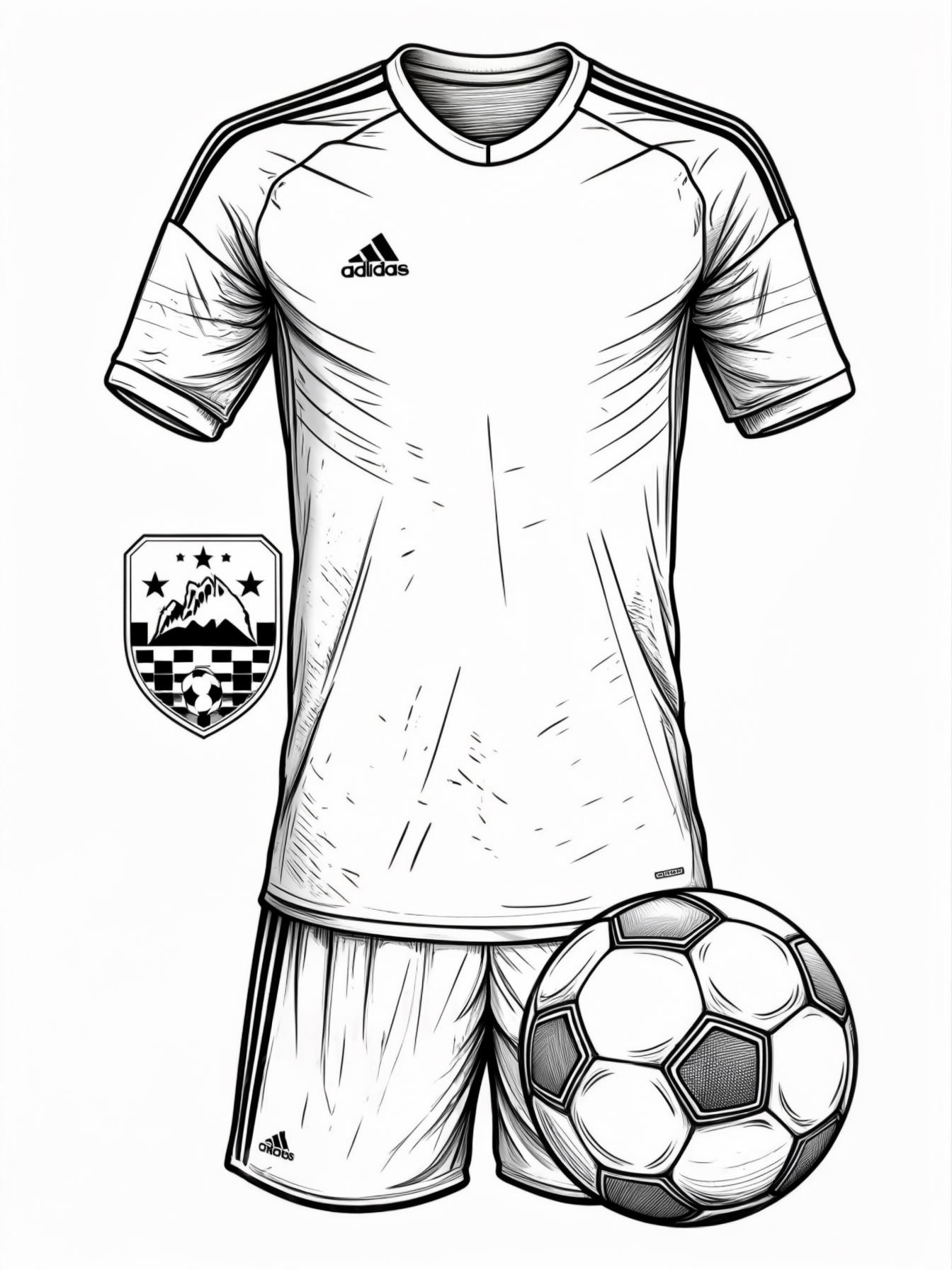 just give me the outline of a soccer kit and soccer ball, so I can make my own designs inside. I'd like the outlines of a soccer kit, soccer ball, and soccer crest in one sheet.