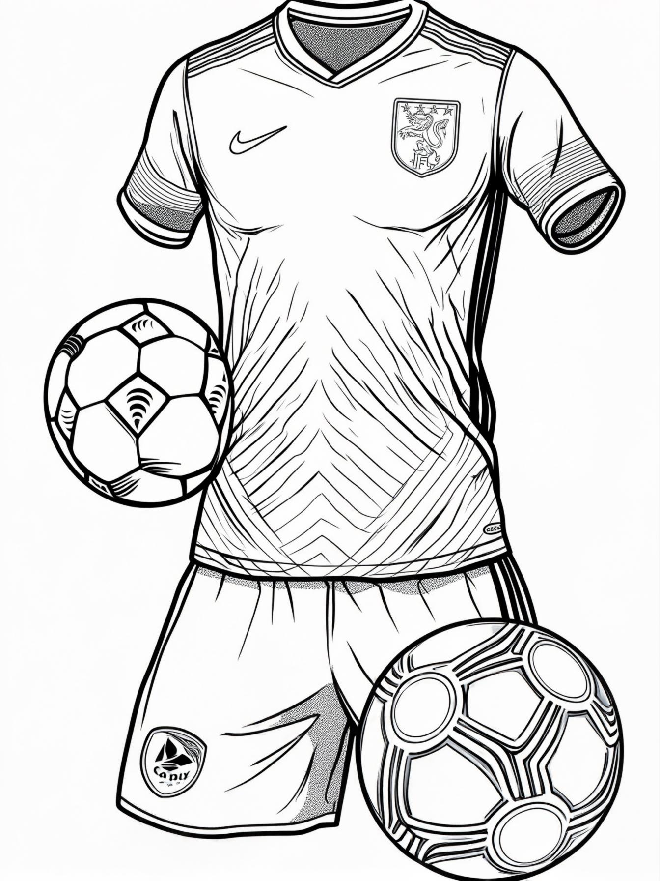 just give me the outline of a soccer kit and soccer ball, so I can make my own designs inside. I'd like the outlines of a soccer kit, soccer ball, and soccer crest in one sheet. There should not be an
