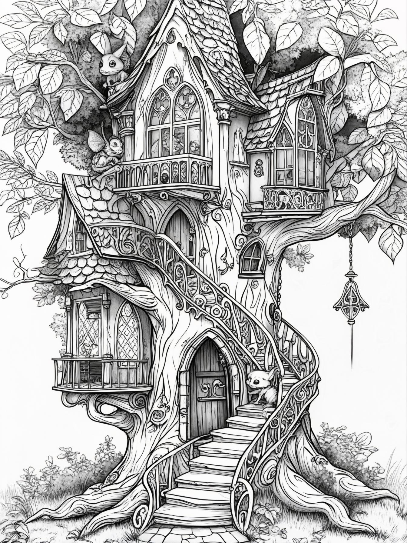 A fairy-tale treehouse with winding staircases and hidden creatures peeking out