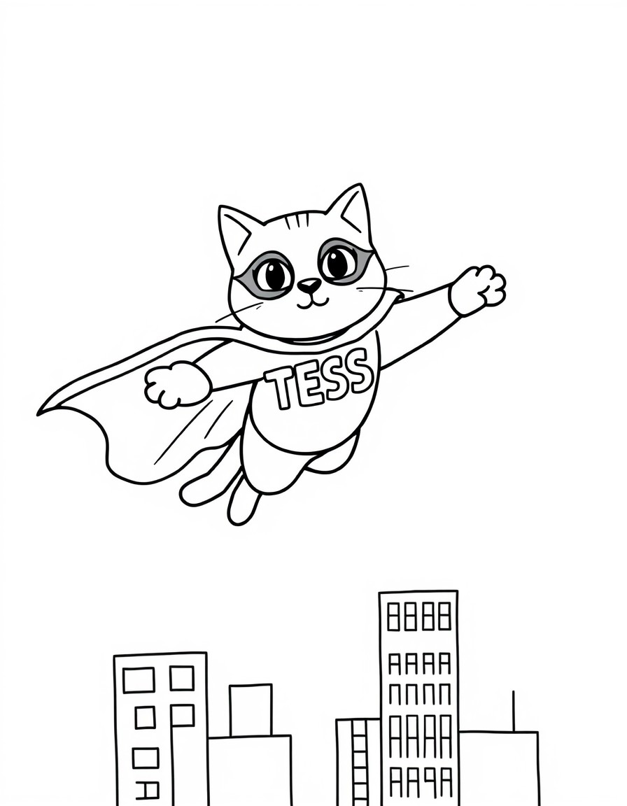 A superhero cat flying above skyscrapers with a cape that displays 'TESS'