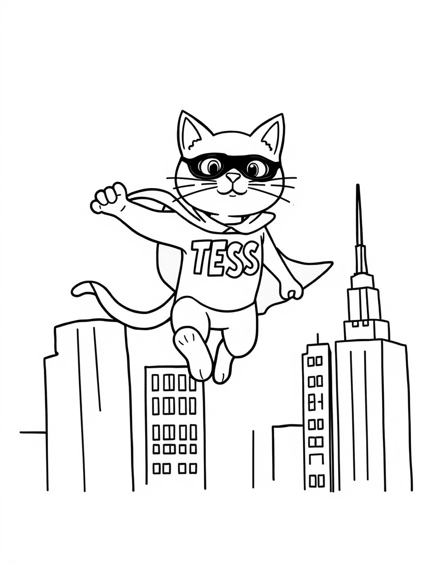 A superhero cat flying above skyscrapers with a cape that displays 'TESS'