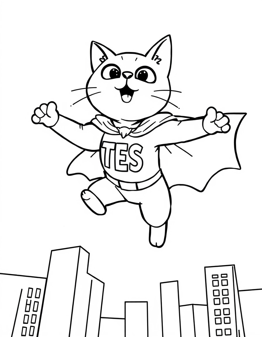 A superhero cat flying above skyscrapers with a cape that displays 'TESS'