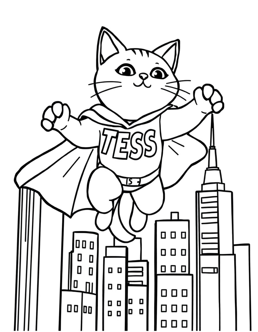 A superhero cat flying above skyscrapers with a cape that displays 'TESS'