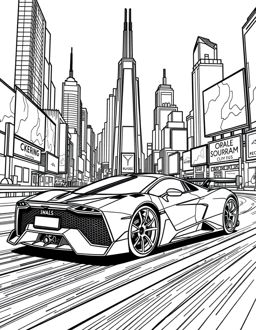 A supercar speeding through a futuristic city with billboards