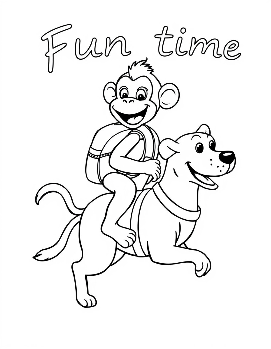 Happy monkey riding a dog going to school. With a backpack on his back. Theme written in Portuguese ''Fun time''