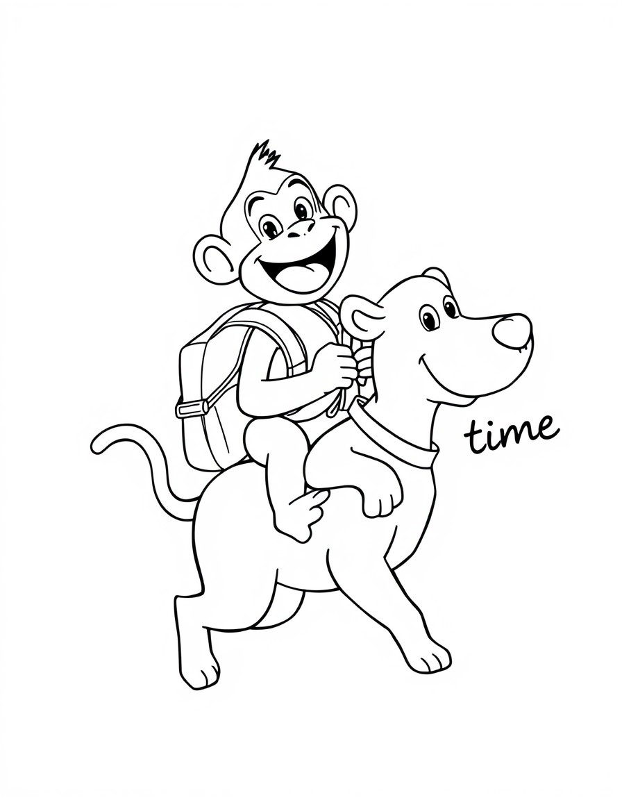 Happy monkey riding a dog going to school. With a backpack on his back. Theme written in Portuguese ''Fun time''
