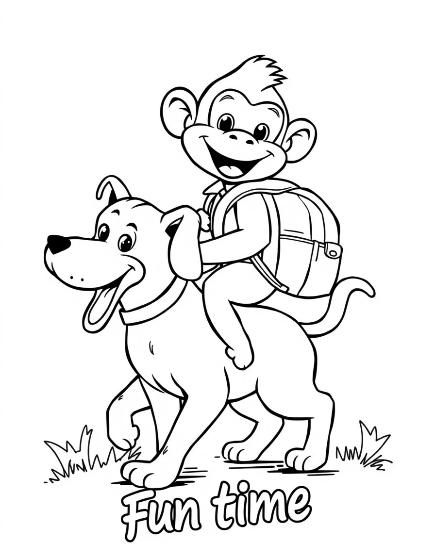 Happy monkey riding a dog going to school. With a backpack on his back. Theme written in Portuguese ''Fun time''