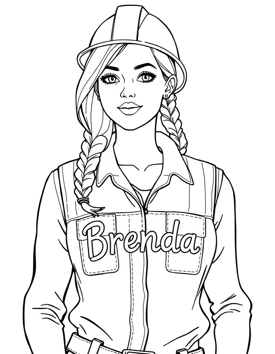 A beautiful female construction worker wearing a vest, with the word Brenda written across the chest.