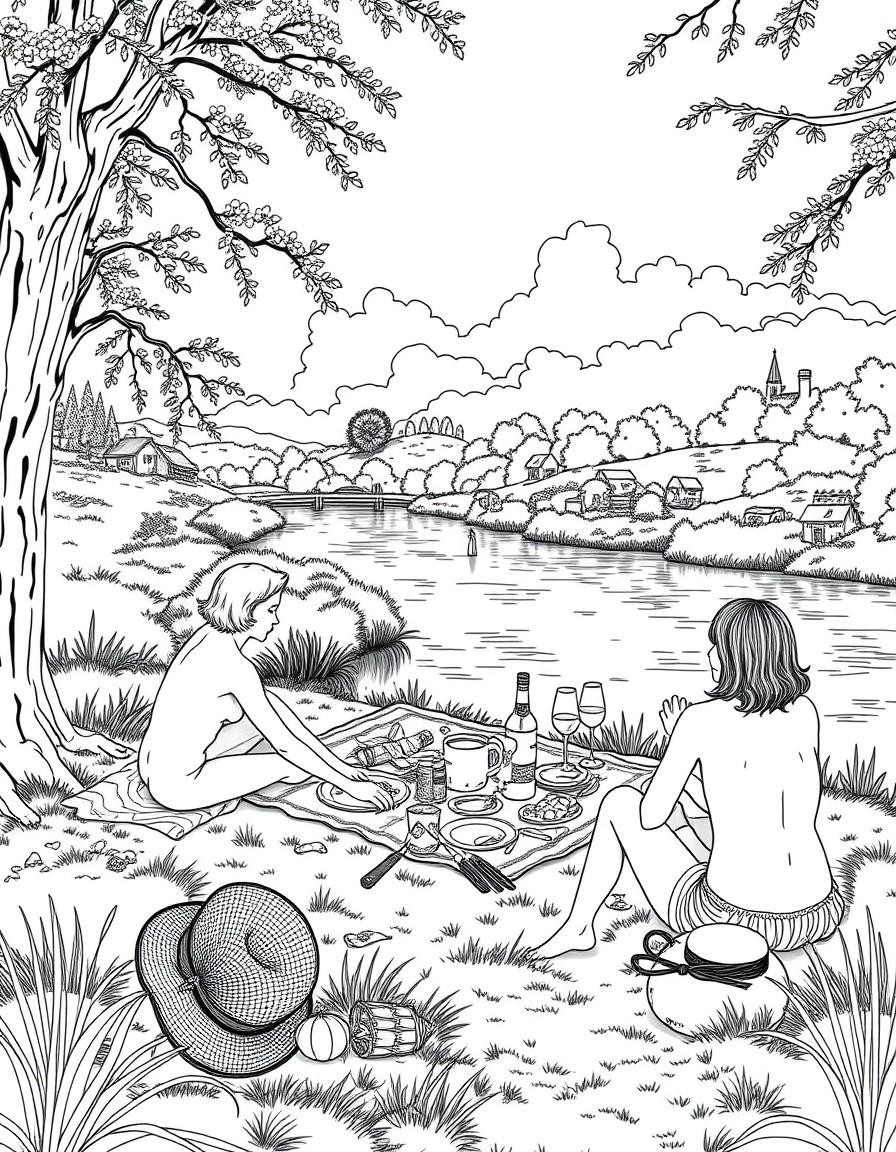 A naturist picnic on a river bank in the English countryside.
