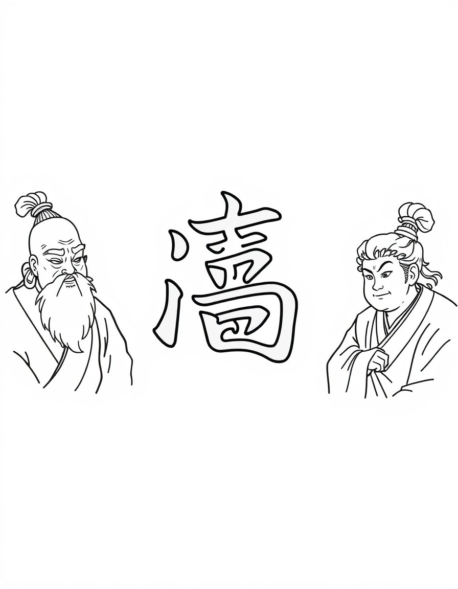 This is a simple - line drawing themed on Journey to the West. At the center is the art - styled Chinese character "". Surrounding it are the images of the Tang Monk and his three disciples Sun Wukong