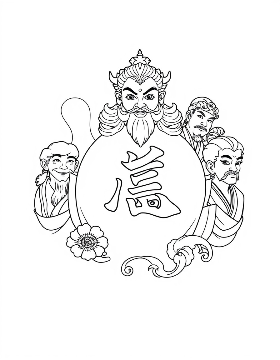 This is a simple - line drawing themed on Journey to the West. At the center is the art - styled Chinese character "". Surrounding it are the images of the Tang Monk and his three disciples Sun Wukong