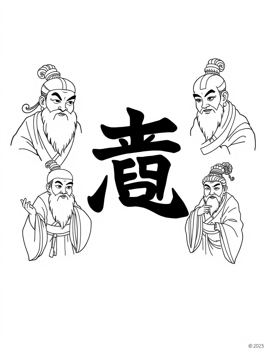 This is a simple - line drawing themed on Journey to the West. At the center is the art - styled Chinese character "". Surrounding it are the images of the Tang Monk and his three disciples Sun Wukong