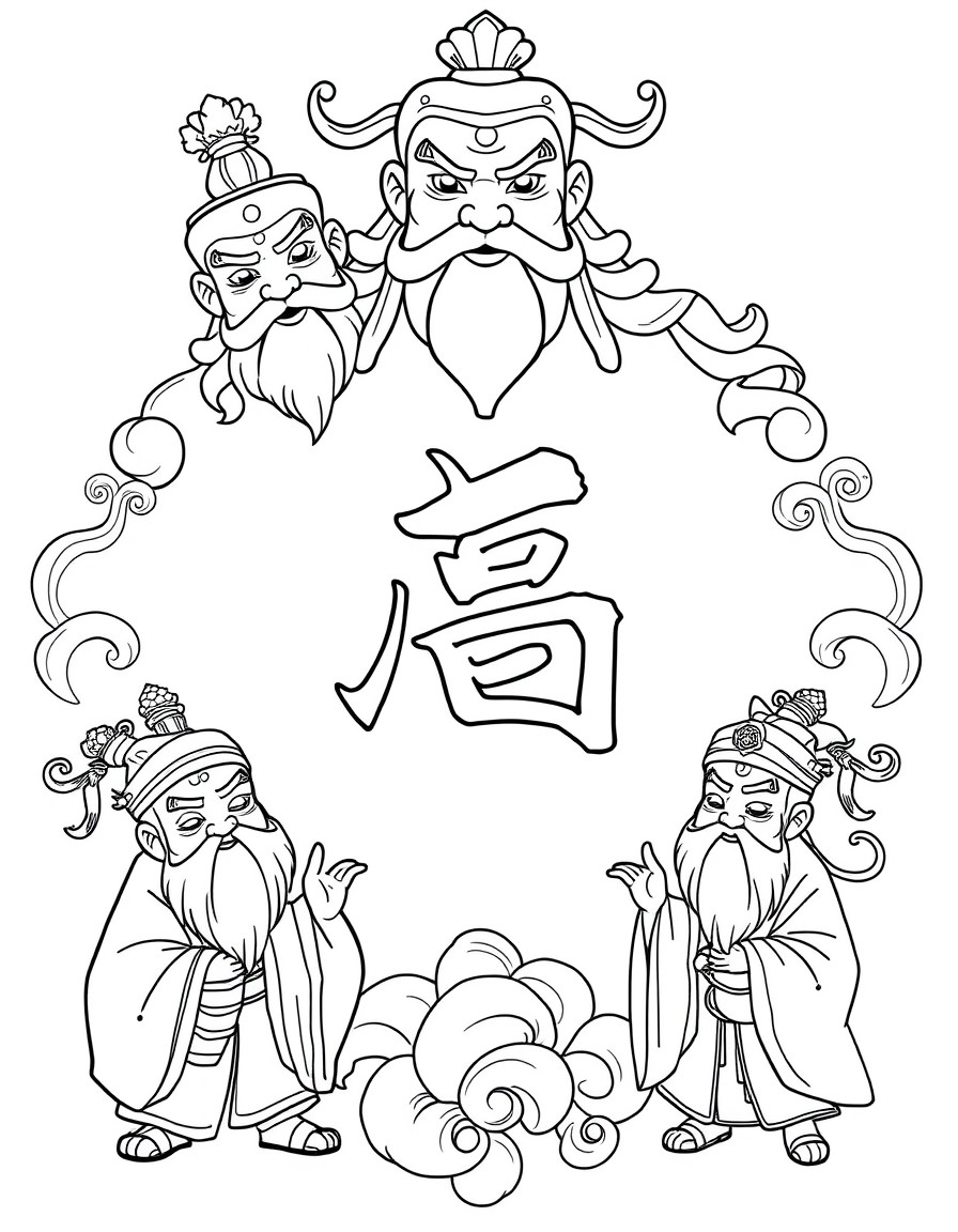 This is a simple - line drawing themed on Journey to the West. At the center is the art - styled Chinese character "". Surrounding it are the images of the Tang Monk and his three disciples Sun Wukong