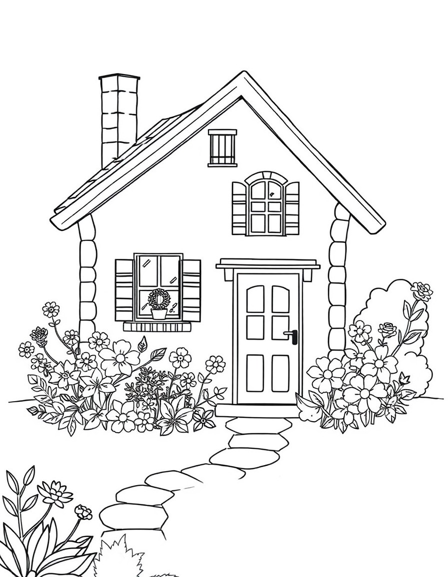 Um risco para bordado livre representando uma casa de campo charmosa, com janelas pequenas, telhado inclinado e um jardim cheio de flores. O desenho deve incluir detalhes delicados, como uma cerquinha