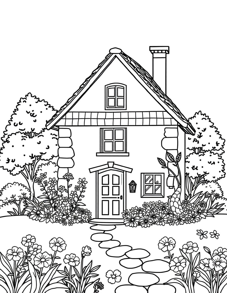 Um risco para bordado livre representando uma casa de campo charmosa, com janelas pequenas, telhado inclinado e um jardim cheio de flores. O desenho deve incluir detalhes delicados, como uma cerquinha